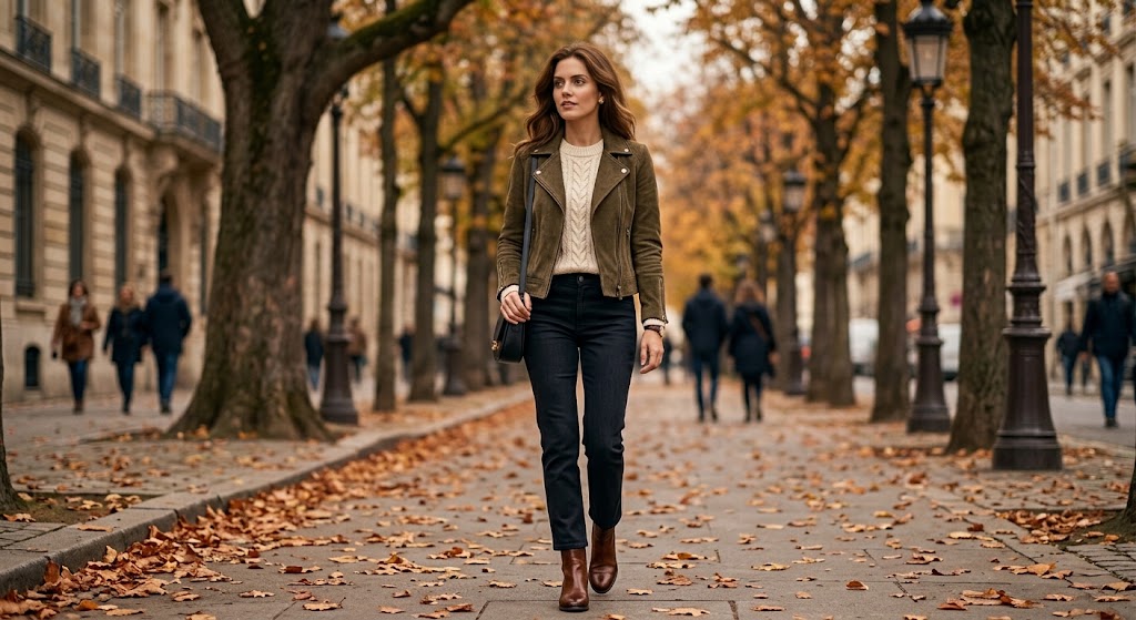 A woman walking down a city street lined with trees and fallen leaves, wearing an olive green leather jacket, cream knit sweater, dark jeans, and brown ankle boots.