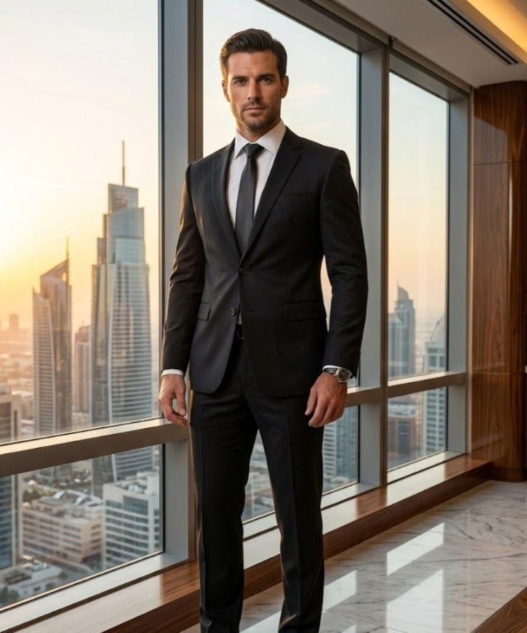 A man wearing a dark charcoal gray suit, white dress shirt, and dark tie stands in a modern office space with large windows overlooking a city skyline at sunset.