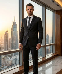 A man wearing a dark charcoal gray suit, white dress shirt, and dark tie stands in a modern office space with large windows overlooking a city skyline at sunset.