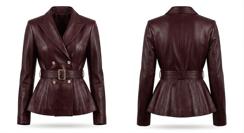 A dark burgundy leather blazer jacket shown from both the front and back views. The front view shows a double-breasted design with gold-tone buttons and a matching waist belt.