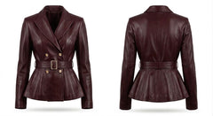 A dark burgundy leather blazer jacket shown from both the front and back views. The front view shows a double-breasted design with gold-tone buttons and a matching waist belt.