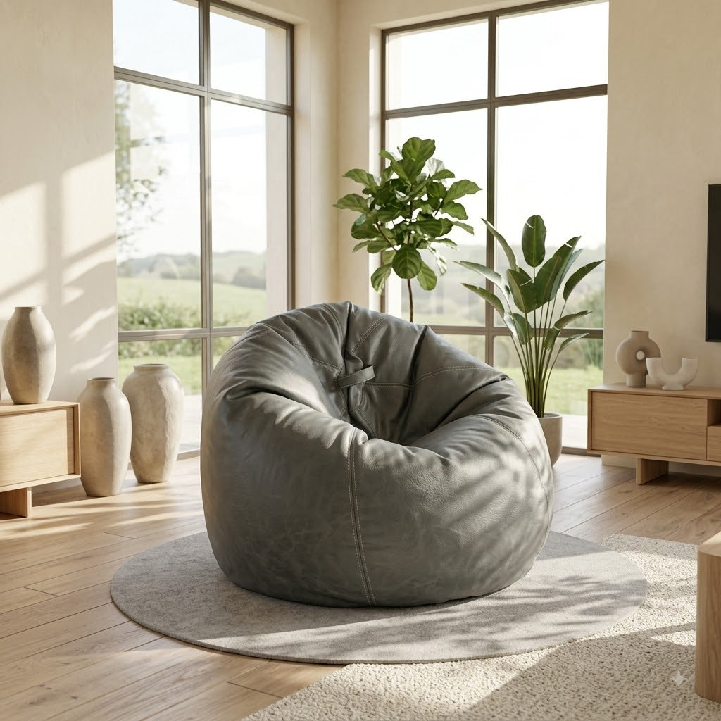 A large, plush gray bean bag chair with a bow detail on the back, set on a round light gray rug in a bright, modern living room with wooden floors, plants, and large windows.