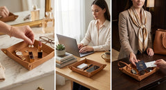 A three-panel lifestyle collage showing a tan leather organizer tray in use. On the left, hands place jewelry into a rectangular leather tray on a marble countertop.