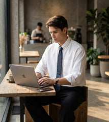 A man in a white dress shirt and blue tie sits at a wooden table in a cafe, working on a silver laptop.
