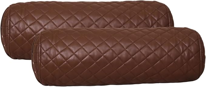 Two brown quilted armrest covers on a white background
