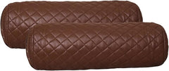 Two brown quilted armrest covers on a white background