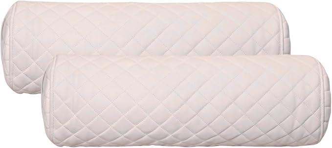Two quilted cylindrical car seat bolster pillows in a light cream/off-white color, arranged with one partially behind the other on a plain white background.