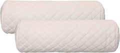 Two quilted cylindrical car seat bolster pillows in a light cream/off-white color, arranged with one partially behind the other on a plain white background.