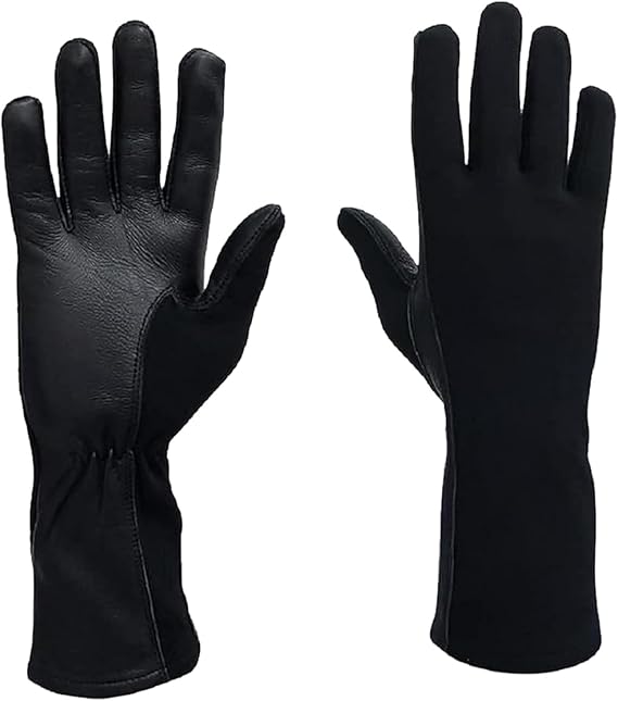 A pair of black gloves shown against a plain white background, with one glove displaying the back of the hand in smooth leather-like material and the other showing the smooth fabric back of the hand.
