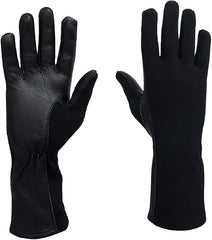 A pair of black gloves shown against a plain white background, with one glove displaying the back of the hand in smooth leather-like material and the other showing the smooth fabric back of the hand.