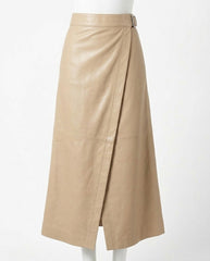 A beige leather wrap midi skirt with a matching belt, displayed on a white mannequin against a plain white background.