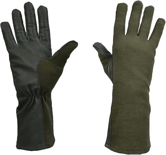 A pair of long gloves shown front and back on a plain white background. The back glove is dark olive green with black palm and finger sides, and the front glove is olive green with black trim.