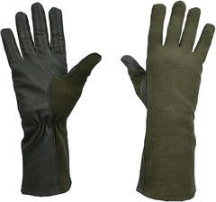 A pair of long gloves shown front and back on a plain white background. The back glove is dark olive green with black palm and finger sides, and the front glove is olive green with black trim.