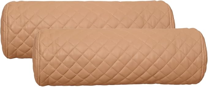 Two beige quilted roll covers on a white background