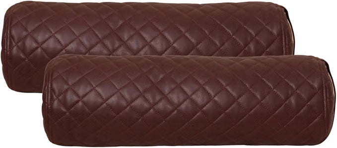 Two brown quilted armrest covers on a white background