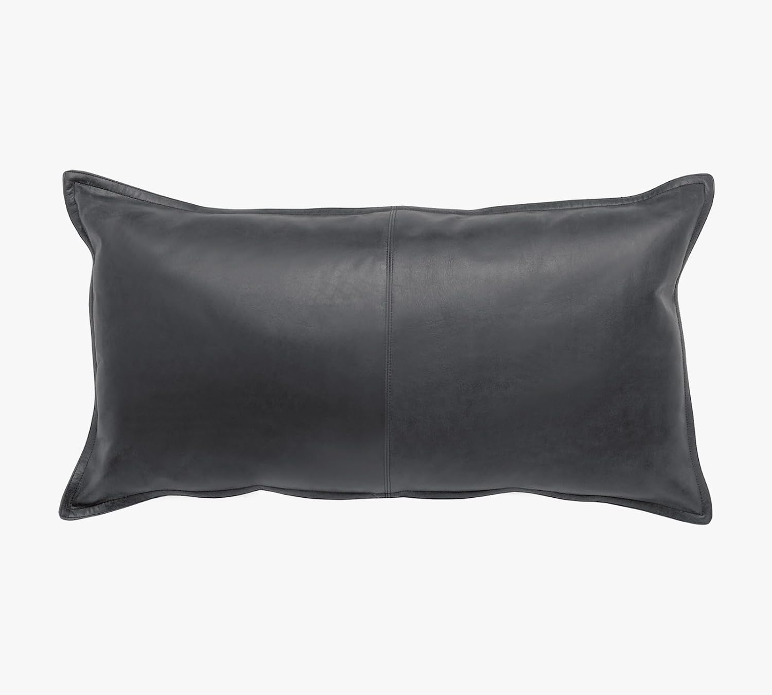 A rectangular black leather lumbar pillow with a smooth texture and a central seam, shown against a plain white background.