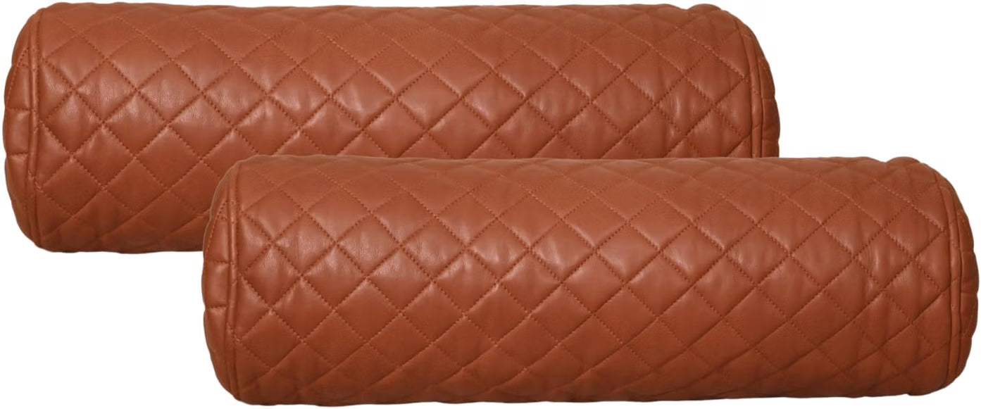 Two brown quilted cylindrical bolster pillows on a plain white background.