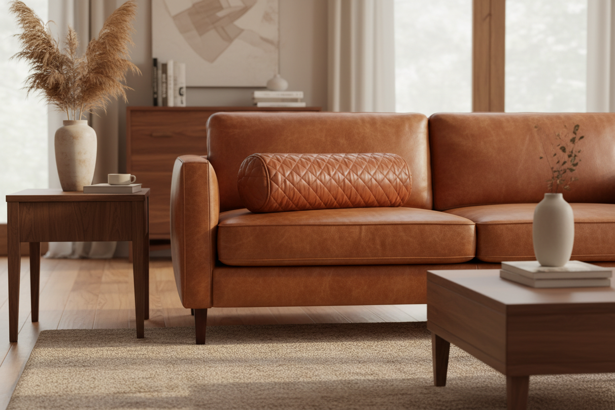 A warm brown leather sofa in a styled living room, featuring a matching quilted cylindrical lumbar pillow, a wooden side table with a vase of pampas grass, and a coffee table in the foreground.