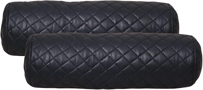 Two metallic blue quilted cylindrical bolster pillows stacked together on a plain white background.