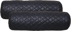 Two metallic blue quilted cylindrical bolster pillows stacked together on a plain white background.