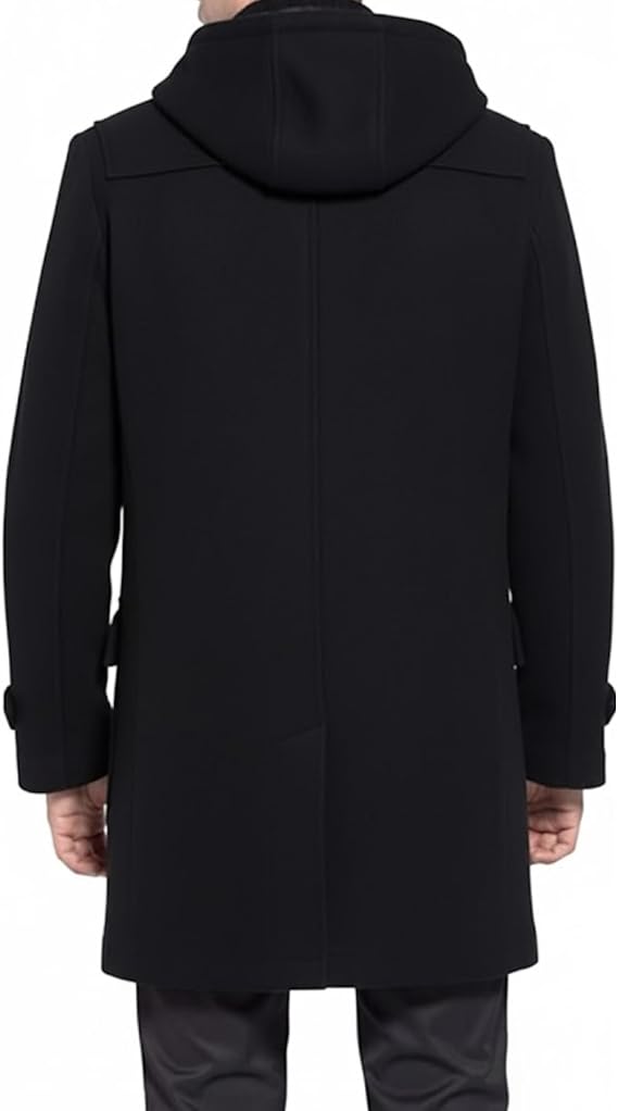 A man wearing a black hooded coat, shown from the back against a plain white background.