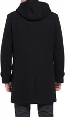 A man wearing a black hooded coat, shown from the back against a plain white background.