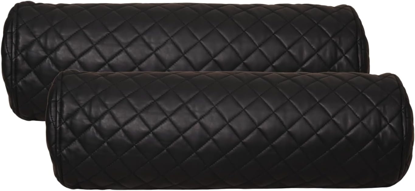 Two black quilted shoulder pads on a white background
