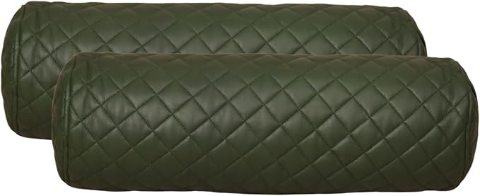 Two dark olive green quilted cylindrical bolster pillows on a plain white background.