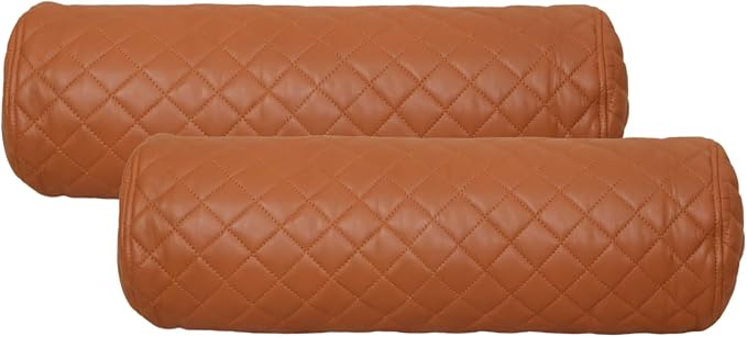 Two brown quilted cylindrical pillows on a white background