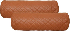 Two brown quilted cylindrical pillows on a white background