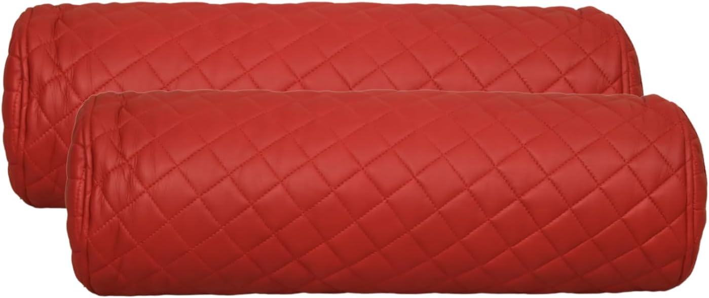 Two red quilted cylindrical car seat bolster pillows with a diamond-stitched pattern, shown on a plain white background.