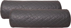 Two dark gray quilted cylindrical bolster pillows stacked on a white background.
