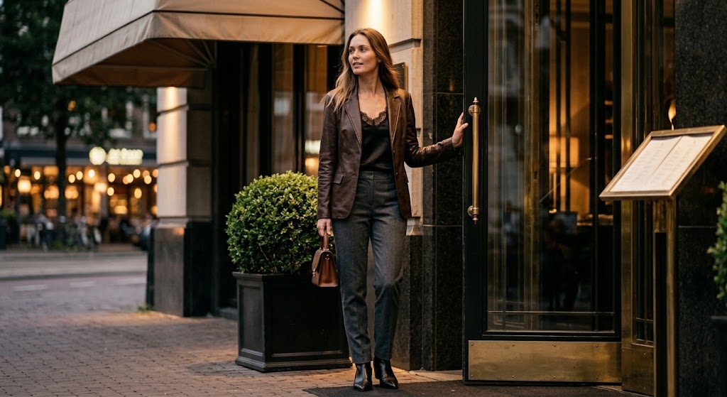 A woman stands at the entrance of a building, holding a brass door handle. She is wearing a brown leather blazer, a black top, dark gray trousers, and black ankle boots, and carries a brown handbag.