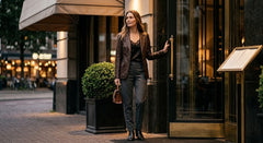 A woman stands at the entrance of a building, holding a brass door handle. She is wearing a brown leather blazer, a black top, dark gray trousers, and black ankle boots, and carries a brown handbag.
