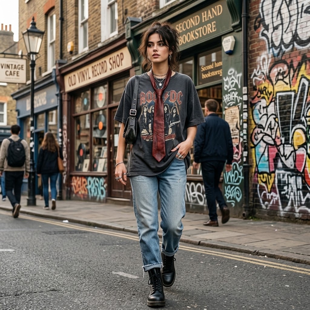 A woman walking down a city street wearing an oversized dark graphic T-shirt, a red patterned scarf, light blue jeans, and black boots. The background shows brick buildings with storefronts, one reading 'Second Hand Bookstore', and colorful graffiti on the wall.