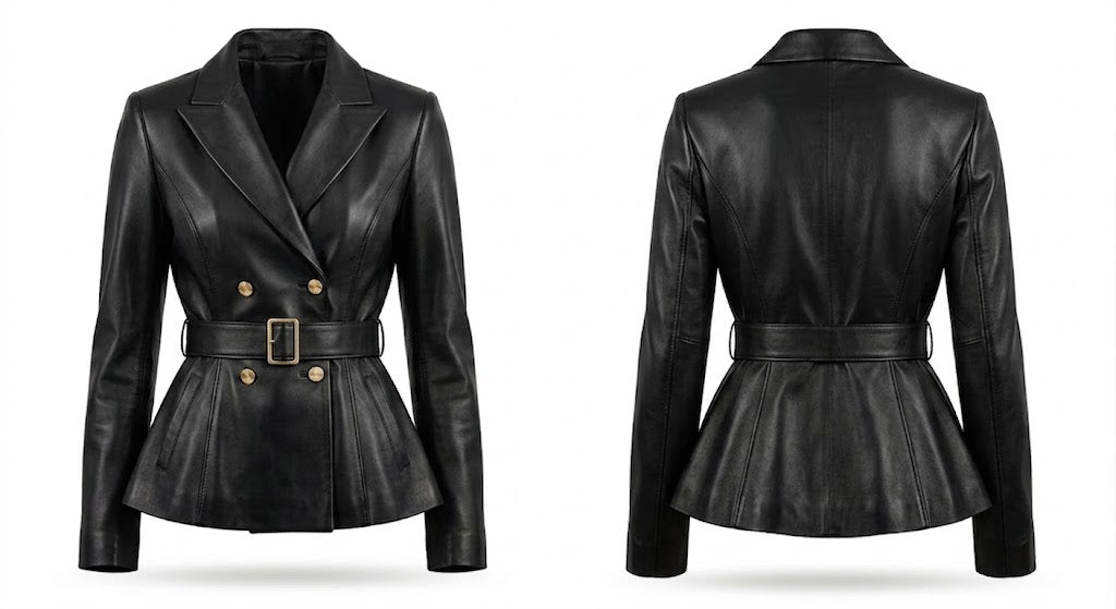 Black leather peplum blazer shown from both front and back views, featuring a double-breasted design with gold-tone buttons and a matching waist belt.