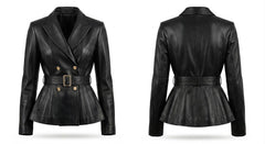 Black leather peplum blazer shown from both front and back views, featuring a double-breasted design with gold-tone buttons and a matching waist belt.