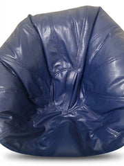 A navy blue leather bean bag chair with a glossy finish and stitched panel details, shown against a plain white background.
