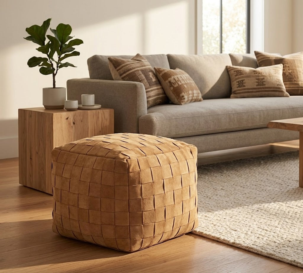 A woven tan leather ottoman with a square shape and basketweave texture, placed in a modern living room setting next to a wooden side table and a beige sofa.