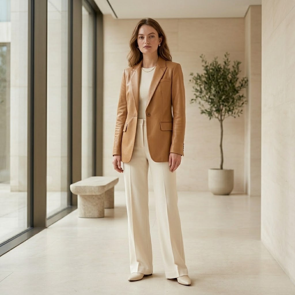 A woman stands in a modern indoor hallway wearing a camel blazer over a cream top and matching cream wide-leg trousers, with neutral pointed shoes. Large windows, a bench, and a potted tree are visible in the background.
