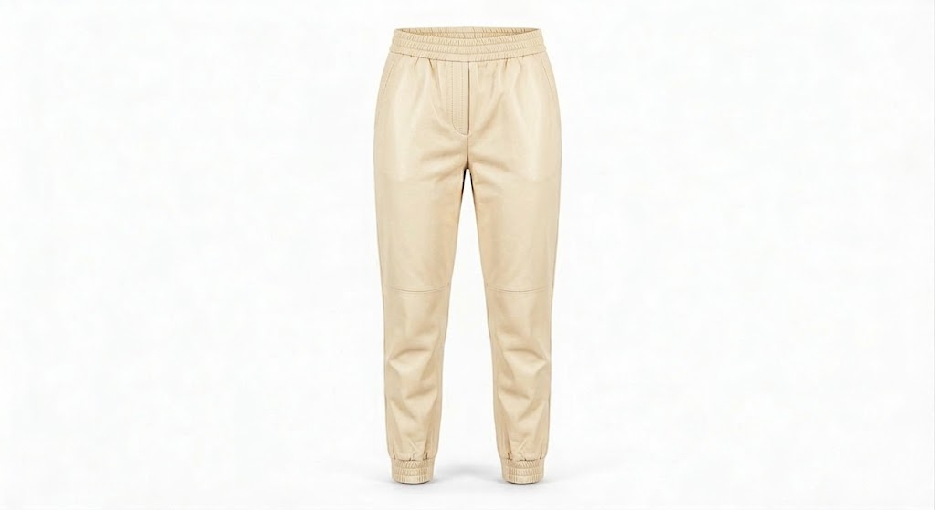 A pair of beige leather jogger pants with an elastic waistband and tapered legs, shown against a plain white background.