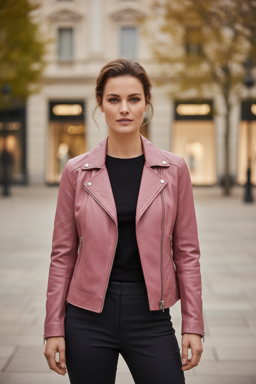 A woman stands in a blurred urban plaza wearing a dusty pink leather moto jacket over a black top and black pants.