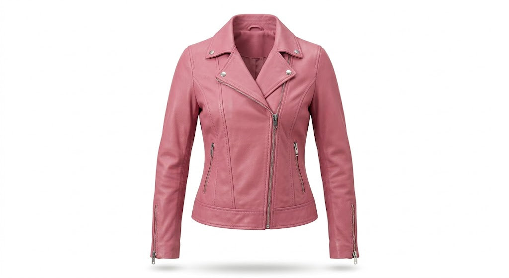 A pink leather motorcycle jacket with an asymmetrical zipper, pointed lapels, and zippered hand pockets, shown on a plain white background.