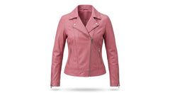 A pink leather motorcycle jacket with an asymmetrical zipper, pointed lapels, and zippered hand pockets, shown on a plain white background.
