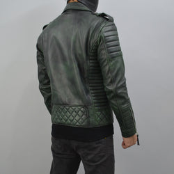 Men's Brando Burnt Green Motorcycle Genuine Leather Biker Jacket