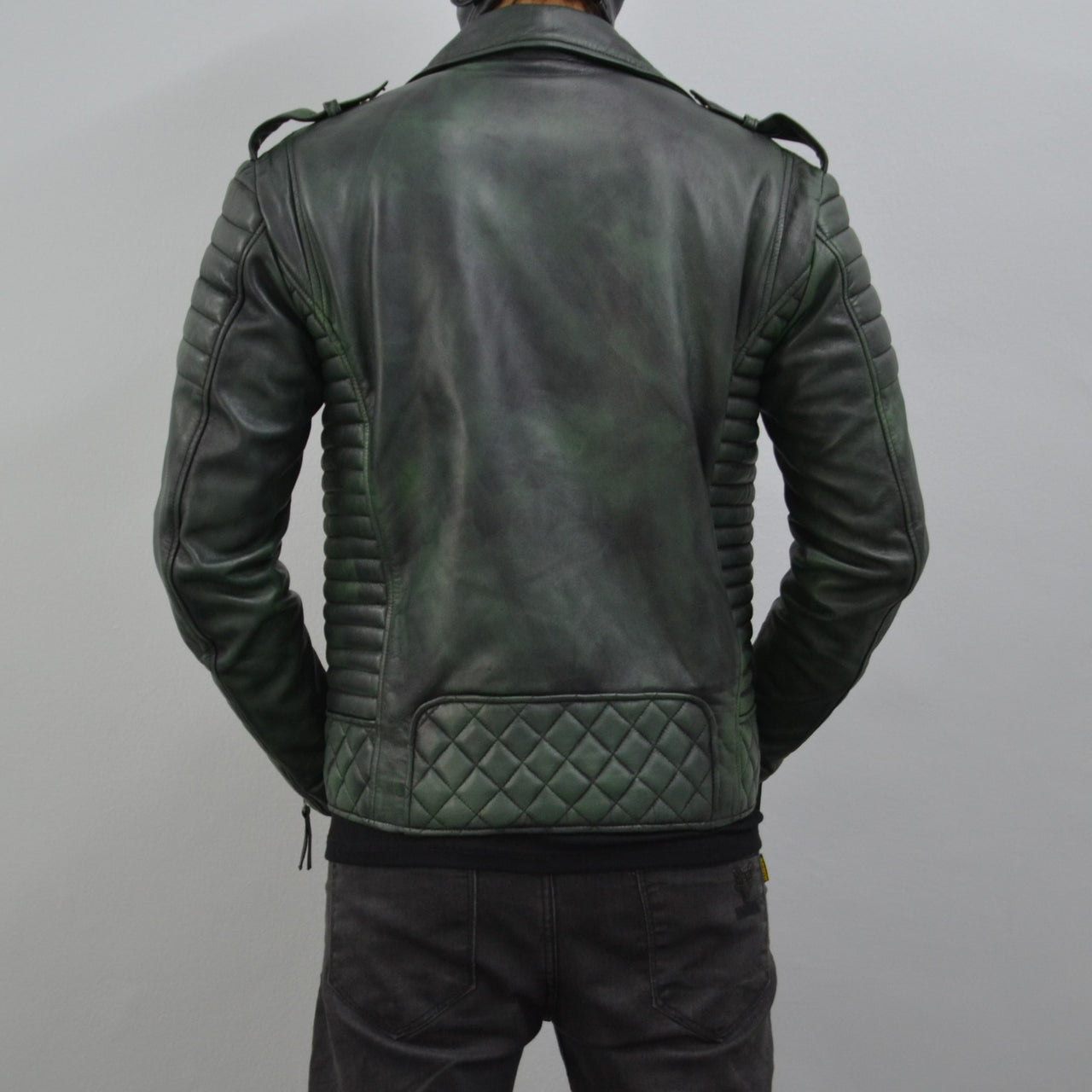 Men's Brando Camo Green Motorcycle Geniune Leather Biker Jacket