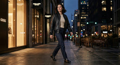 A woman walks down a city street at night wearing a black leather jacket, beige top, dark blue jeans, and black shoes. Storefronts and blurred city lights are visible in the background.