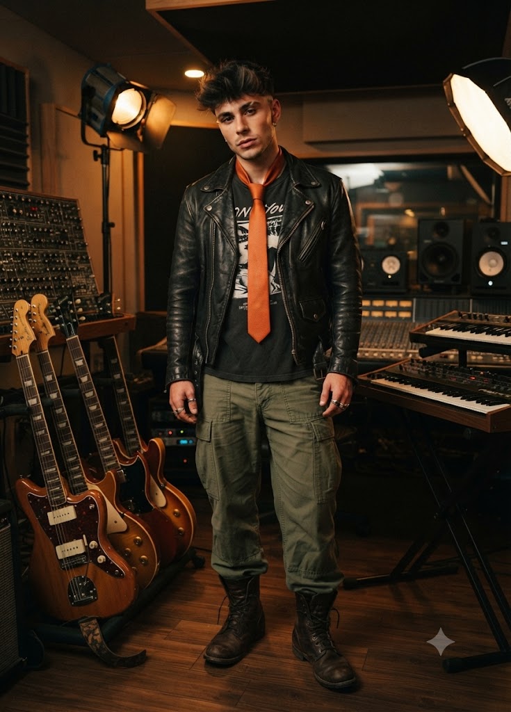 A man stands in a music studio wearing a black leather jacket, black graphic t-shirt, bright orange tie, olive green cargo pants, and black boots. Electric guitars, mixing boards, and studio lights are visible in the background.