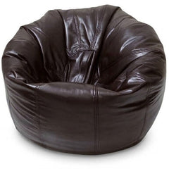 A dark brown  leather bean bag chair with a rounded, cushioned shape and stitched panel details, shown on a plain white background.