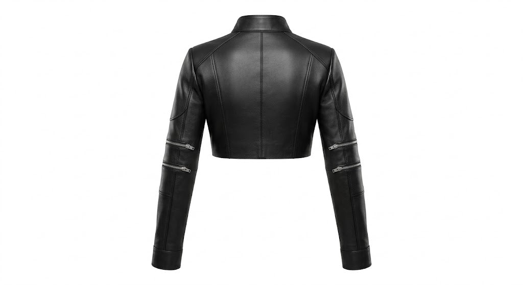 Black leather cropped jacket shown from the back, featuring a high collar, vertical seam detailing, and silver zipper accents on the sleeves, set against a plain white background.